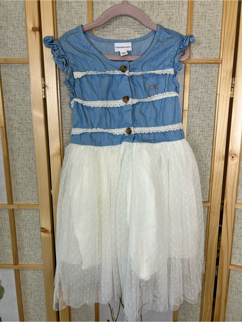Calvin Klein Jeans Blue Chambray and White Tulle Girls' Dress